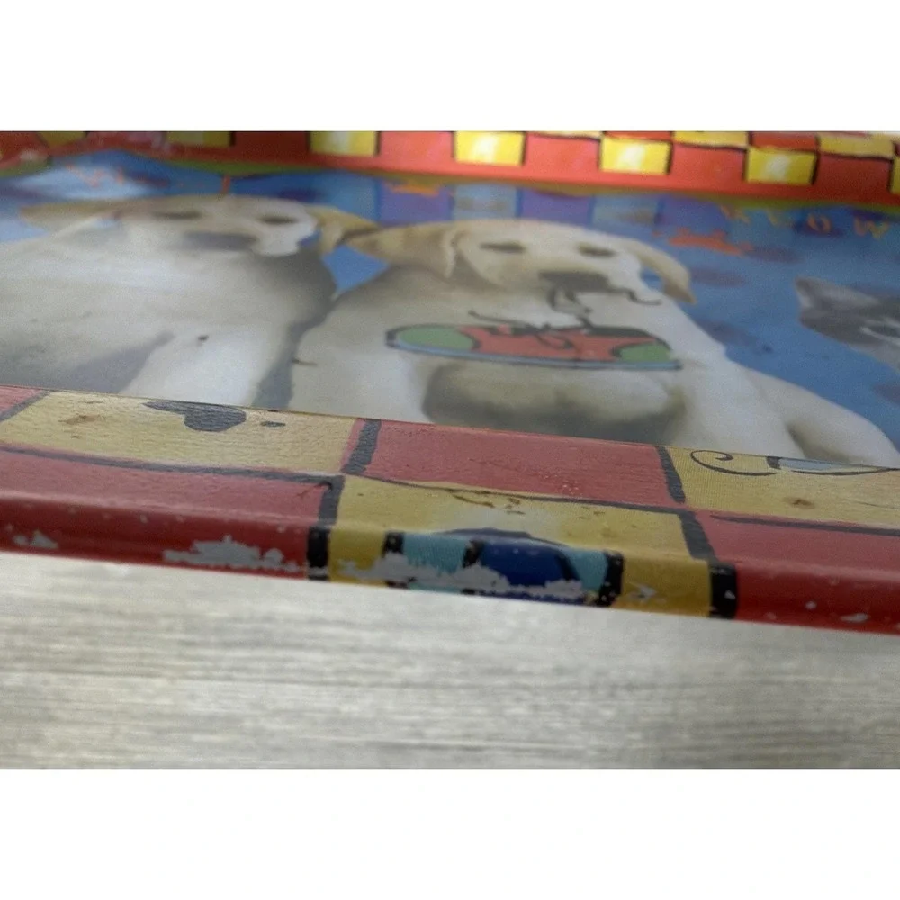 Vtg 90s Fold Up Metal Floor Lap TV Food Bed Tray Puppies Kittens Labradors Retro